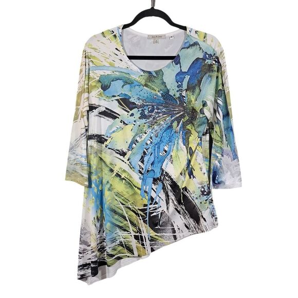 Jess & Jane Floral Embellished Tunic Top Blue Asymmetric Fairy Goblin Size Small - Picture 1 of 9